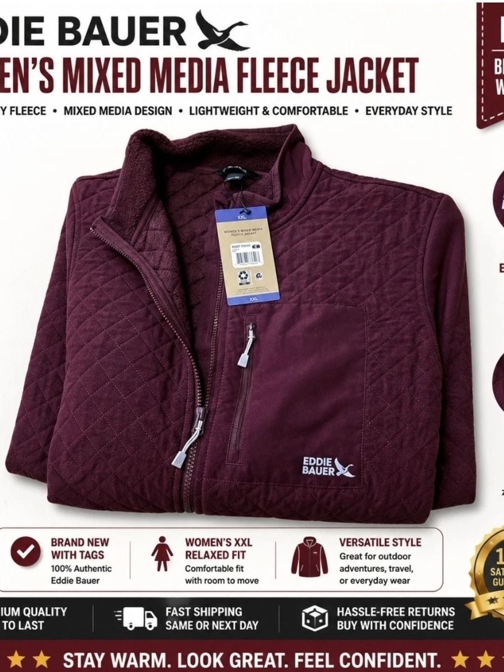 NWT Eddie Bauer Women's XXL Mixed Media Fleece Jacket Burgundy Quilted Full Zip